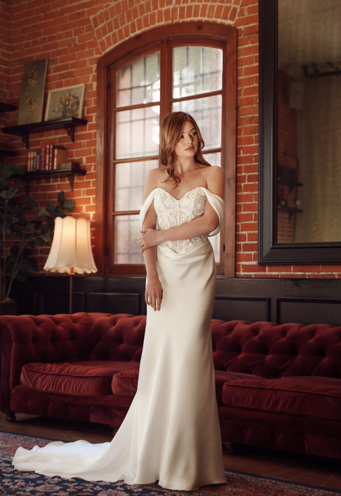 Juliette - Stella's Bridal Stella York Style D4303 Off-the-Shoulder Charmeuse Column Wedding Dress with Sheer Lace Corset Bodice at Love it at Stella's Bridal in Westminster Maryland