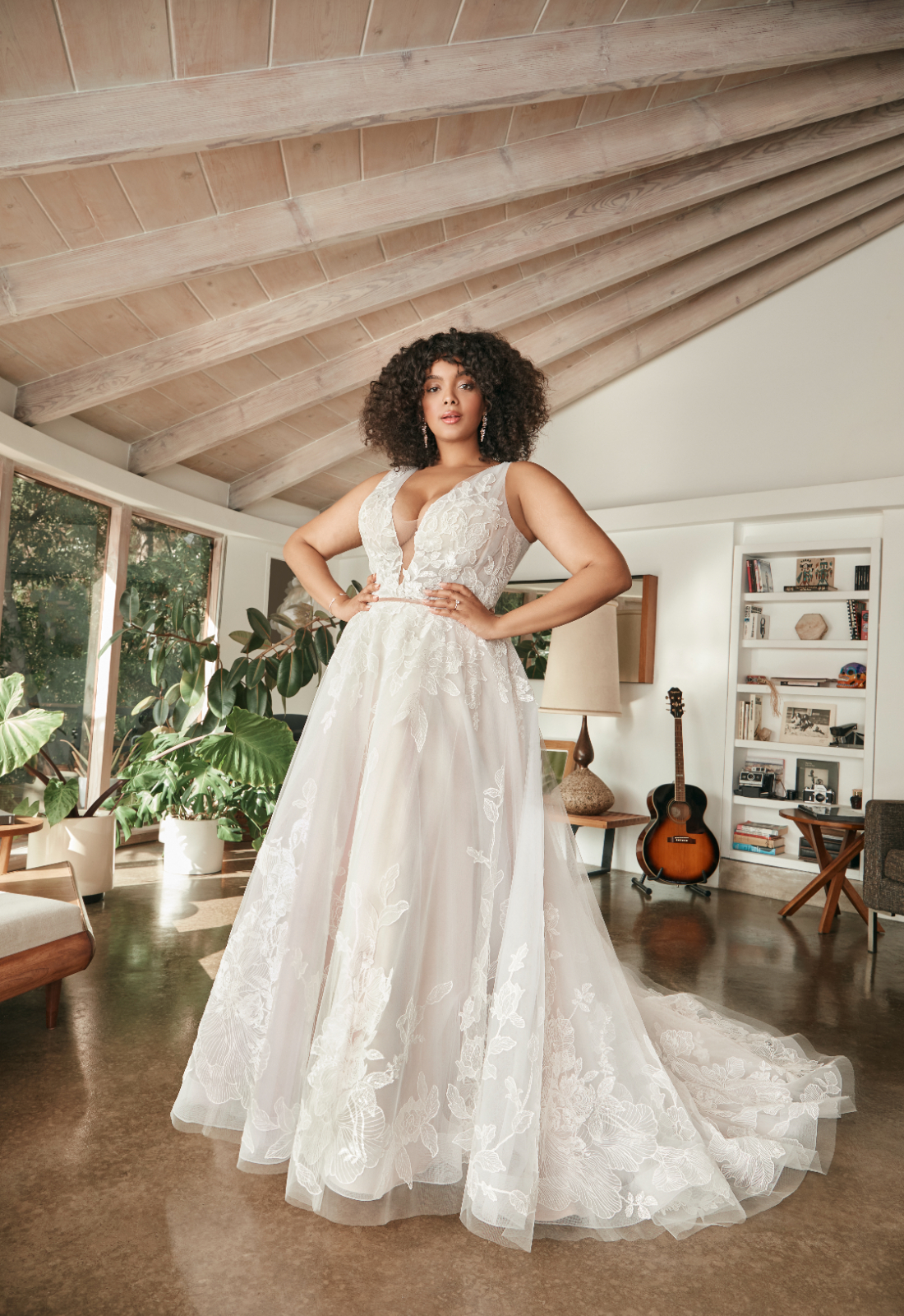 Sophie - Stella's Bridal An a-line wedding dress in tulle, featuring floral lace appliques and a deep plunge. Shown in Silver/Purple/Ivory and designed by Casablanca Bridal. A modern bridal gown available at Stella’s Bridal in Westminster, Maryland. Casablanca Beloved Bridal Style BL395C Sophie.