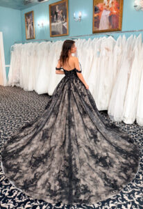 Black Wedding Dress Featuring Delicate black lace and corset top Designed by the Stella's Collection at Love it at Stella's Bridal in Westminster Maryland