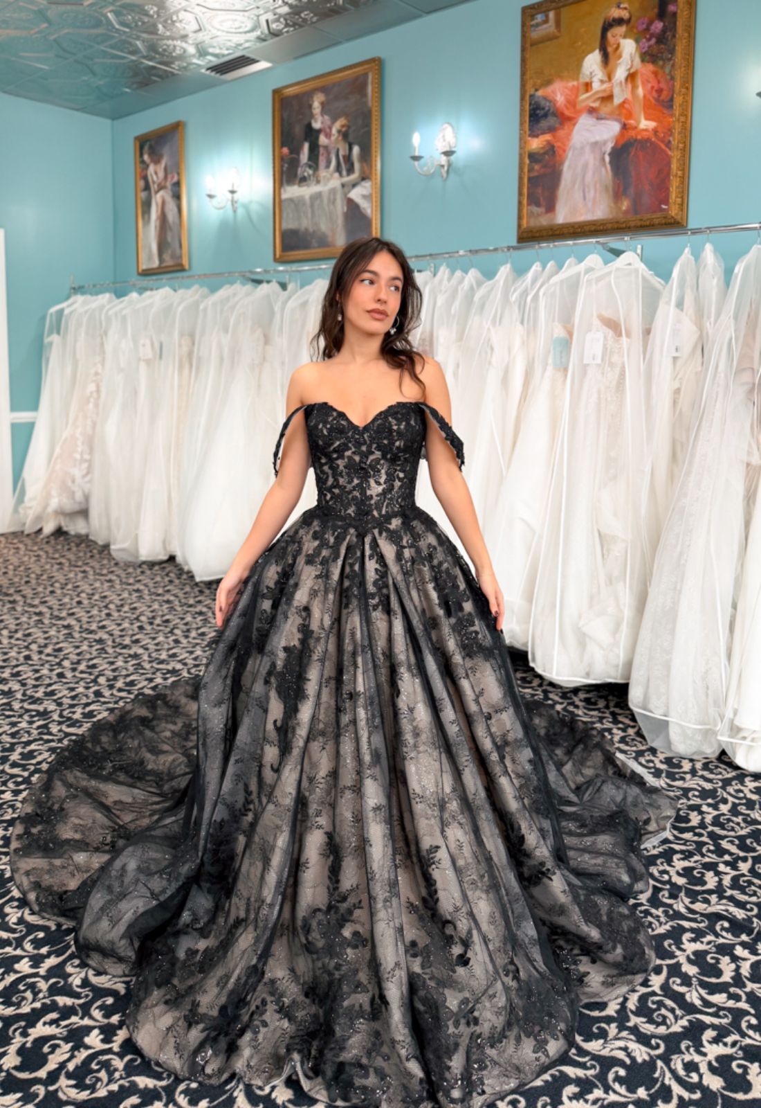 Orin - Stella's Bridal Black Wedding Dress Featuring Delicate black lace and corset top Designed by the Stella's Collection at Love it at Stella's Bridal in Westminster Maryland