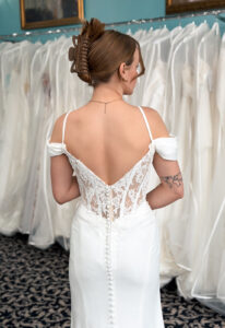 Hope - Stella's Bridal Crepe fitted wedding dress available at Love it at Stella's Bridal Shop in Westminster Maryland