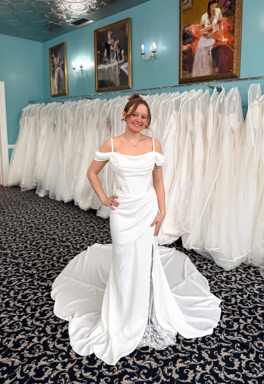 Hope - Stella's Bridal Crepe fitted wedding dress available at Love it at Stella's Bridal Shop in Westminster Maryland