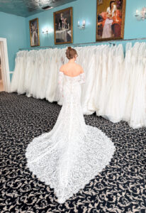 Lyric - Stella's Bridal Lace fitted wedding dress available at Love it at Stella's Bridal Shop in Westminster Maryland
