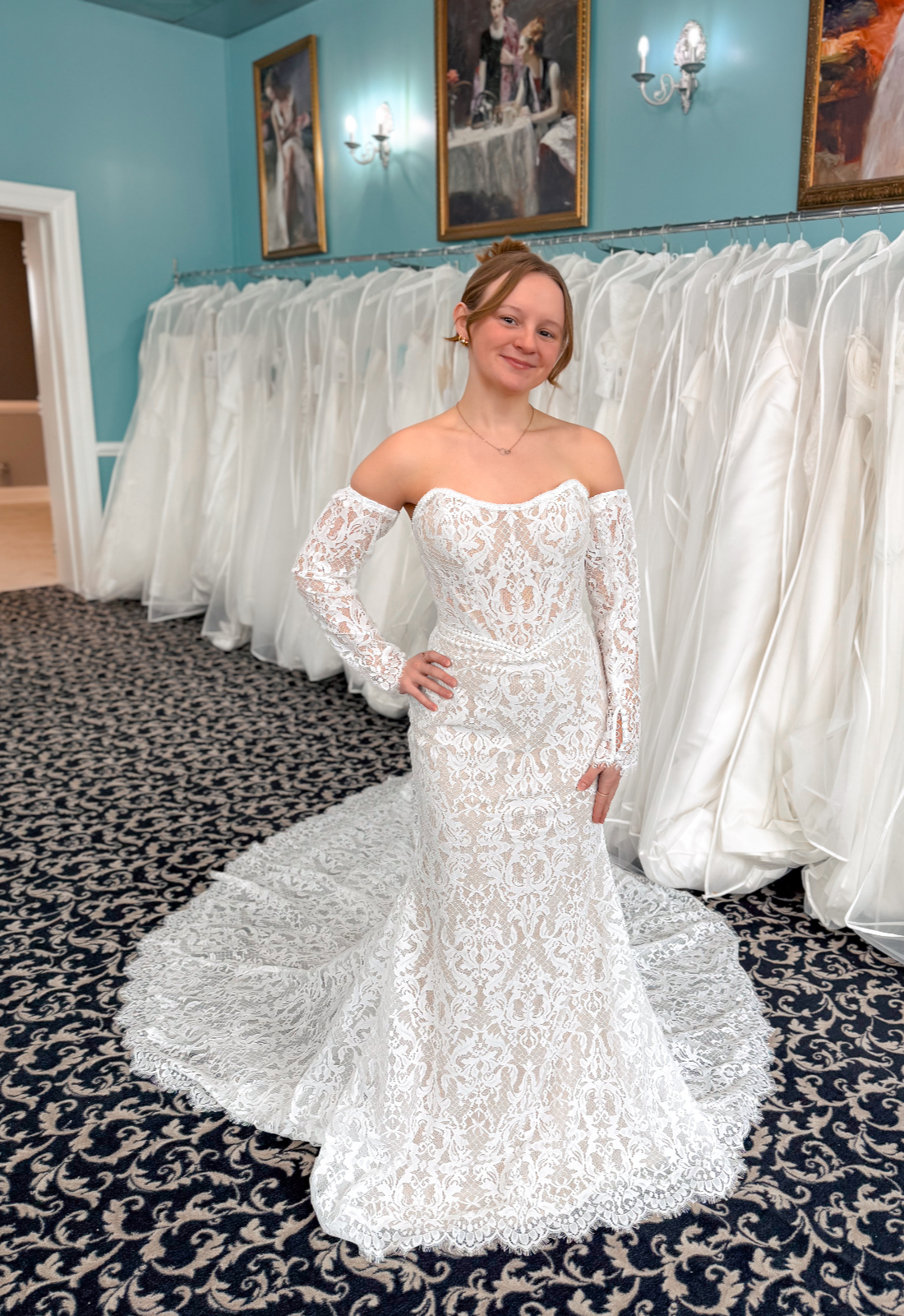 Lyric - Stella's Bridal Lace fitted wedding dress available at Love it at Stella's Bridal Shop in Westminster Maryland