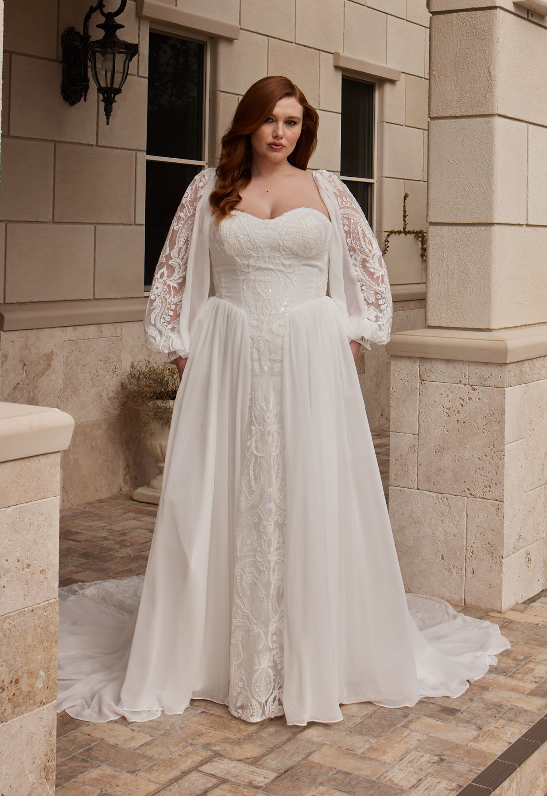 Evie Young Cecelia wedding dress featuring an a-line silhouette with sweetheart neckline, chiffon skirt, and boho lace details. Available at Stella’s Bridal in Westminster, Maryland.