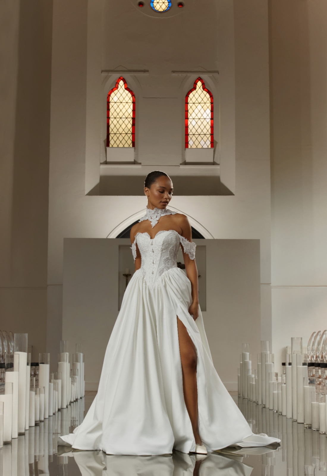 Evie Young Chappell wedding dress featuring an a-line silhouette with sweetheart neckline, satin skirt, and sparkling lace details. Available at Stella’s Bridal in Westminster, Maryland.