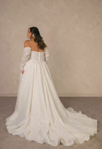 Fern - Stella's Bridal Essense of Australia D4591 wedding dress featuring a ballgown silhouette with cat-eye neckline, lace skirt, and pleated details. Available at Stella’s Bridal in Westminster, Maryland.