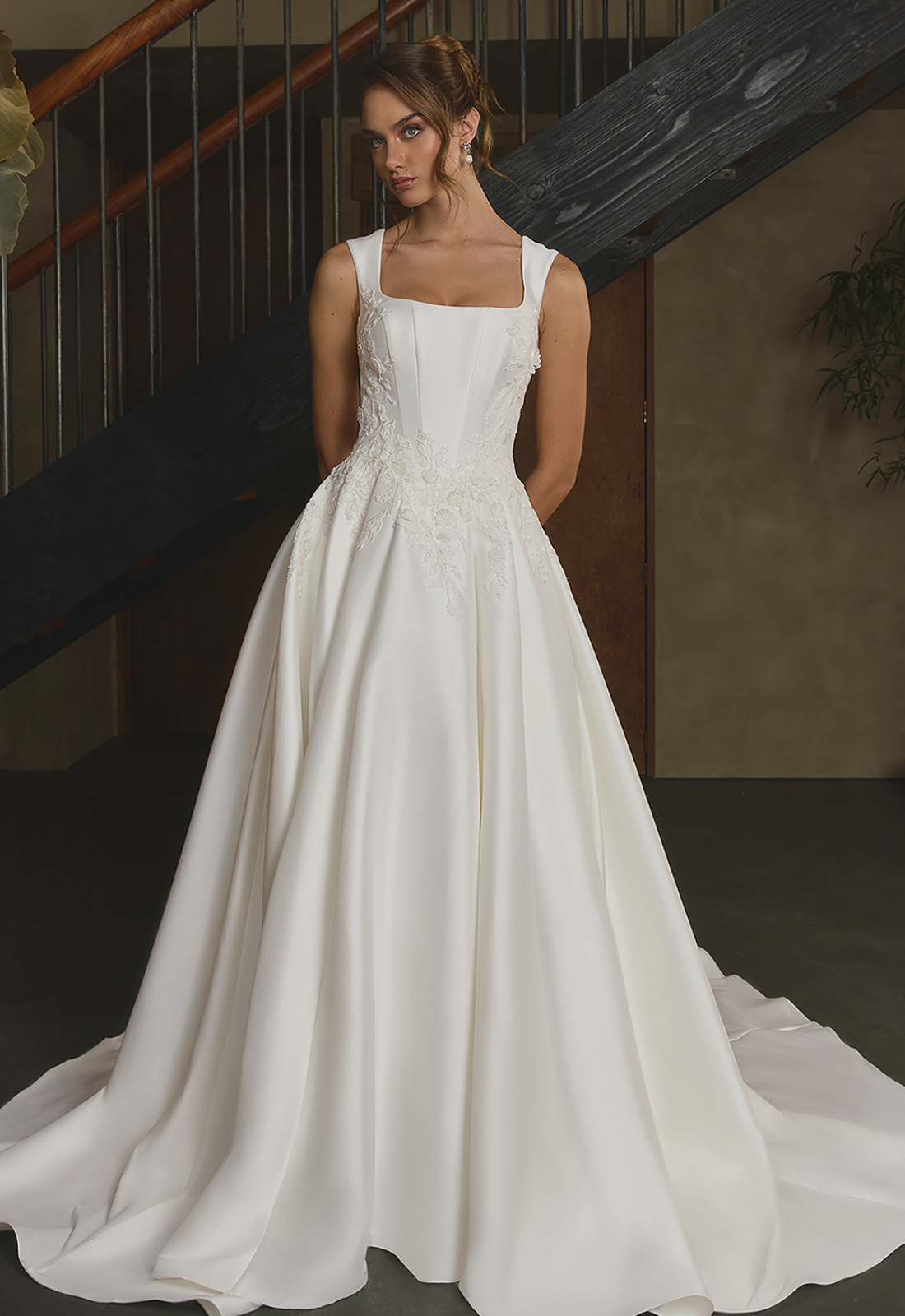 Finch - Stella's Bridal Casablanca Finch wedding dress featuring a ballgown silhouette with portrait neckline, satin skirt, and lace details. Available at Stella’s Bridal in Westminster, Maryland.