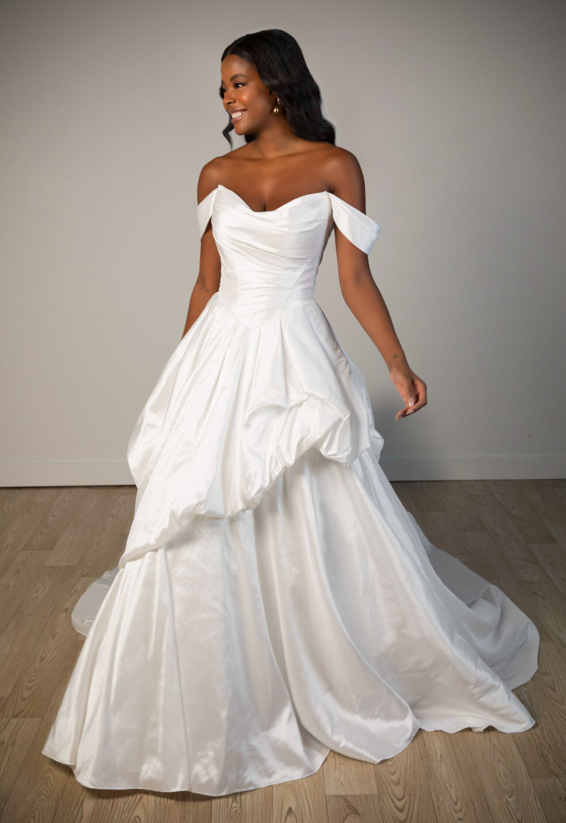 Grove - Stella's Bridal Stella York SY8309 wedding dress featuring a ballgown silhouette with sweetheart neckline, satin skirt, and pick-up details. Available at Stella’s Bridal in Westminster, Maryland.