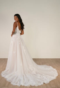 Hindley - Stella's Bridal Stella York SY8293 wedding dress featuring an a-line silhouette with plunge neckline, tulle skirt, and lace details. Available at Stella’s Bridal in Westminster, Maryland.