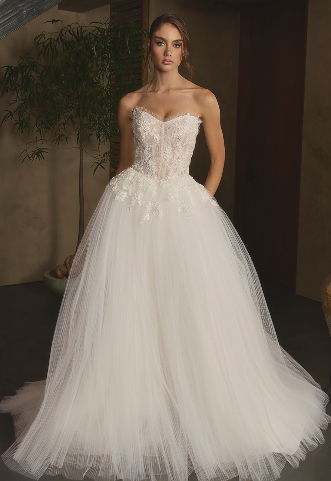 Phaedra - Stella's Bridal Casablanca Phaedra wedding dress featuring a ballgown silhouette with sweetheart neckline, pleated tulle skirt, and lace details. Available at Stella’s Bridal in Westminster, Maryland.
