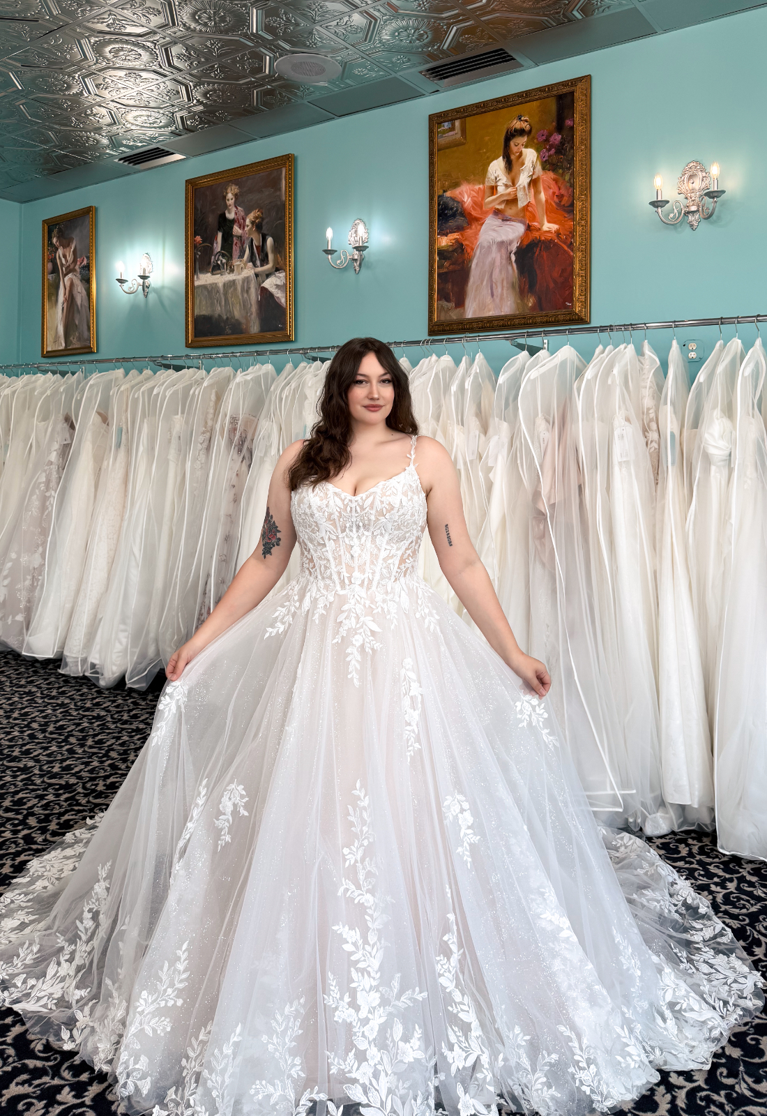 Clementine - Stella's Bridal Love it at Stella's Exclusive Clementine wedding dress featuring an a-line silhouette with v-neck neckline, sparkling lace skirt, and floral details. Available at Stella’s Bridal in Westminster, Maryland.