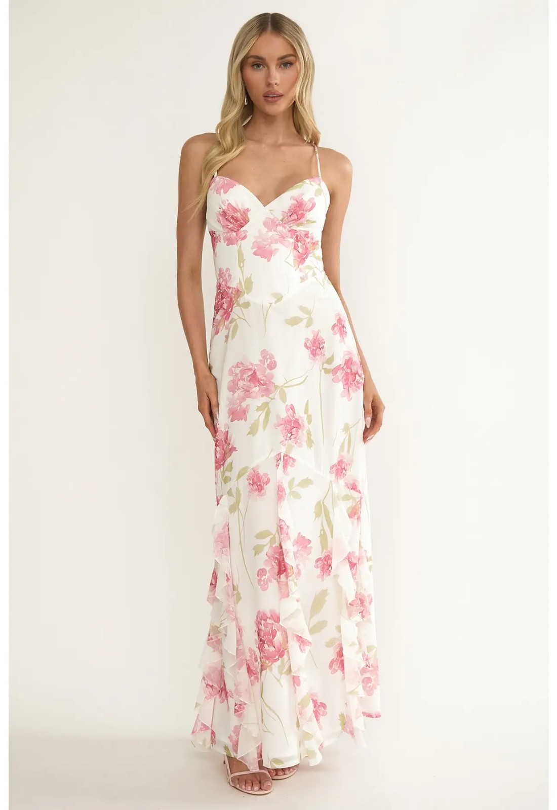 Ruffled Floral Maxi Dress - Stella's Bridal Wedding wardrobe dresses for brides including little white dresses, reception dresses, bridal shower dresses, rehearsal dinner dresses, courthouse wedding dresses, and bachelorette party outfits.