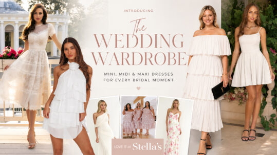 Wedding wardrobe dresses for brides including little white dresses, reception dresses, bridal shower dresses, rehearsal dinner dresses, courthouse wedding dresses, and bachelorette party outfits.