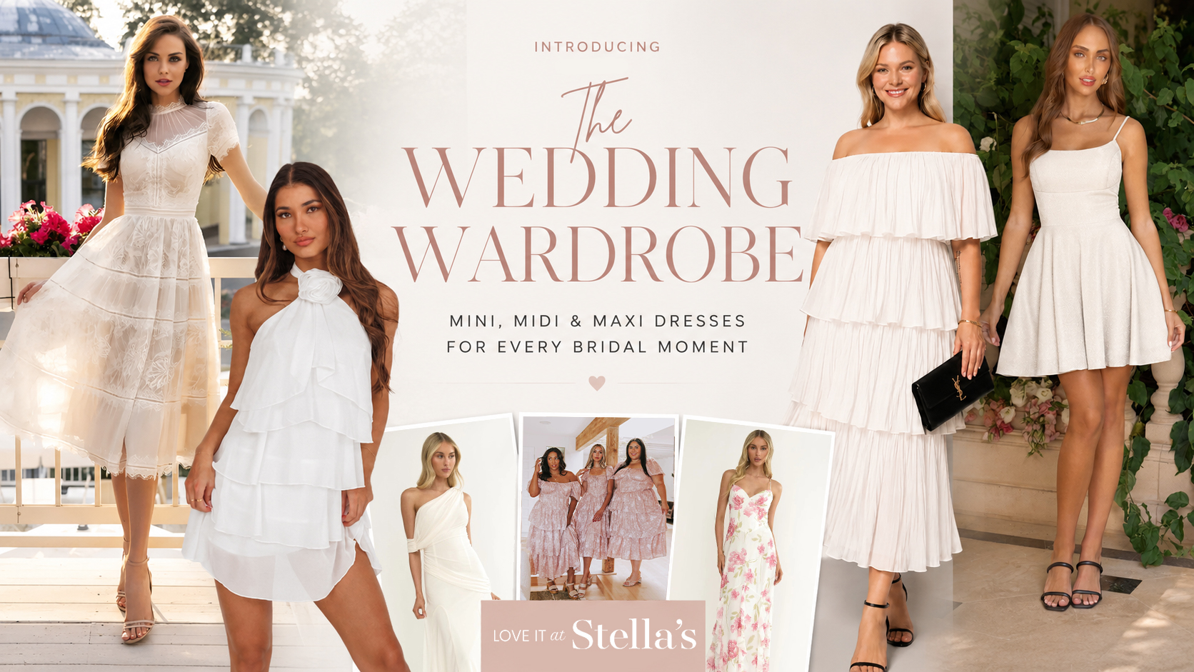 Wedding wardrobe dresses for brides including little white dresses, reception dresses, bridal shower dresses, rehearsal dinner dresses, courthouse wedding dresses, and bachelorette party outfits.