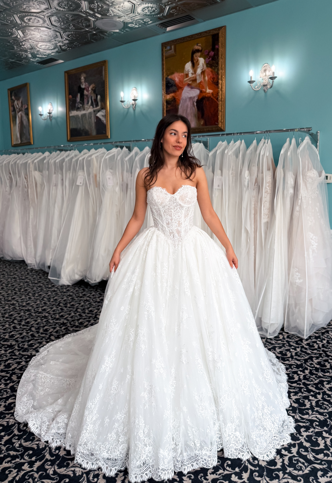 Anneliese - Stella's Bridal A wedding gown from Stella's Private Collection featuring exclusive bridal design elements such as intricate lace, elegant draping, luxurious fabrics, and timeless silhouettes. Each gown is uniquely curated and available exclusively at Love it at Stella's Bridal.