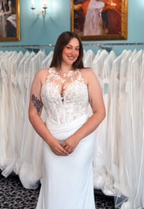 A wedding gown from Stella's Private Collection featuring exclusive bridal design elements such as intricate lace, elegant draping, luxurious fabrics, and timeless silhouettes. Each gown is uniquely curated and available exclusively at Love it at Stella's Bridal.