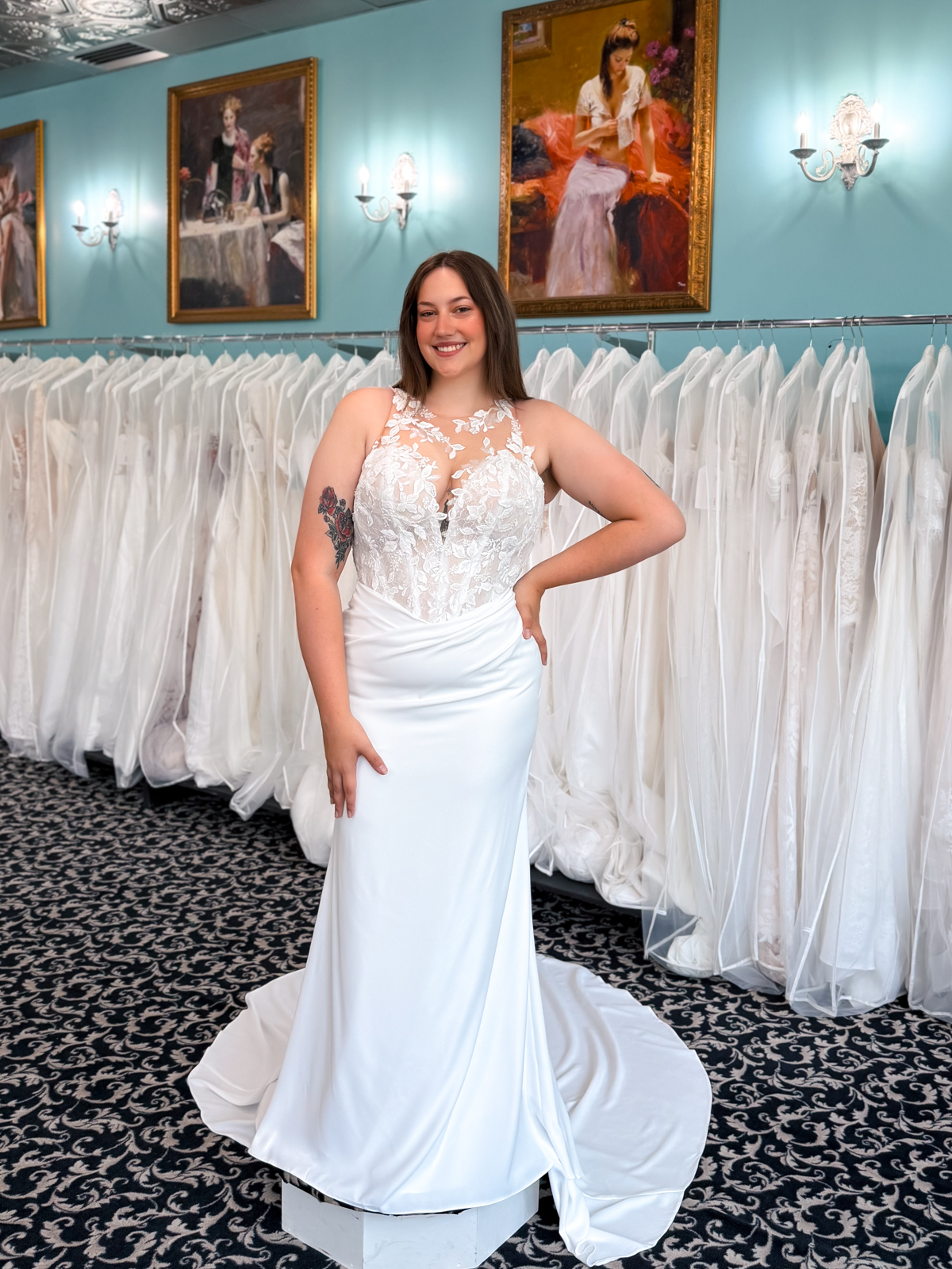 Keira - Stella's Bridal A wedding gown from Stella's Private Collection featuring exclusive bridal design elements such as intricate lace, elegant draping, luxurious fabrics, and timeless silhouettes. Each gown is uniquely curated and available exclusively at Love it at Stella's Bridal.