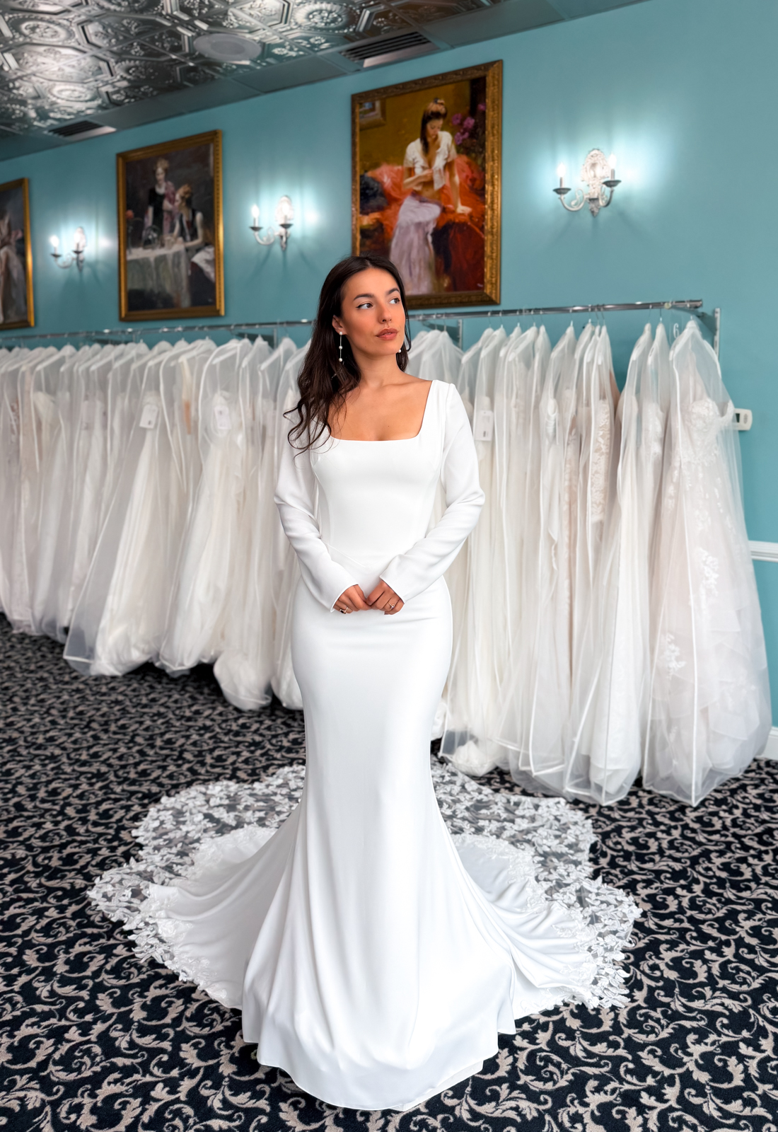 Mirabella - Stella's Bridal A wedding gown from Stella's Private Collection featuring exclusive bridal design elements such as intricate lace, elegant draping, luxurious fabrics, and timeless silhouettes. Each gown is uniquely curated and available exclusively at Love it at Stella's Bridal.