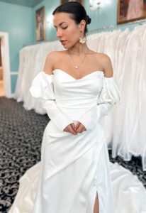 Soirée - Stella's Bridal Love it at Stella's Independent Design Collection - Crepe Sheath wedding dress at Love it at Stellas Bridal In Westminster MD