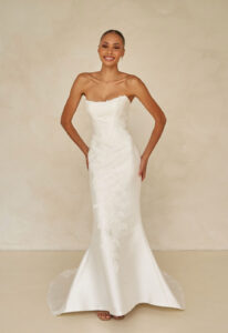 Madi Lane Woodrow Satin and lace Fitted Wedding Dress with Overskirt at love it at stella's bridal boutique in Westminster Maryland