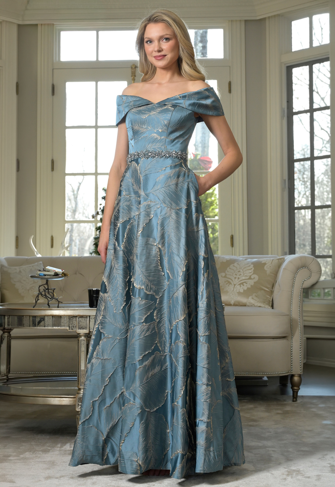 Marsoni Colors MV1265 Leaf Patterned mother of the bride groom formalwear dress at love it at stella's bridal shop in westminster, md