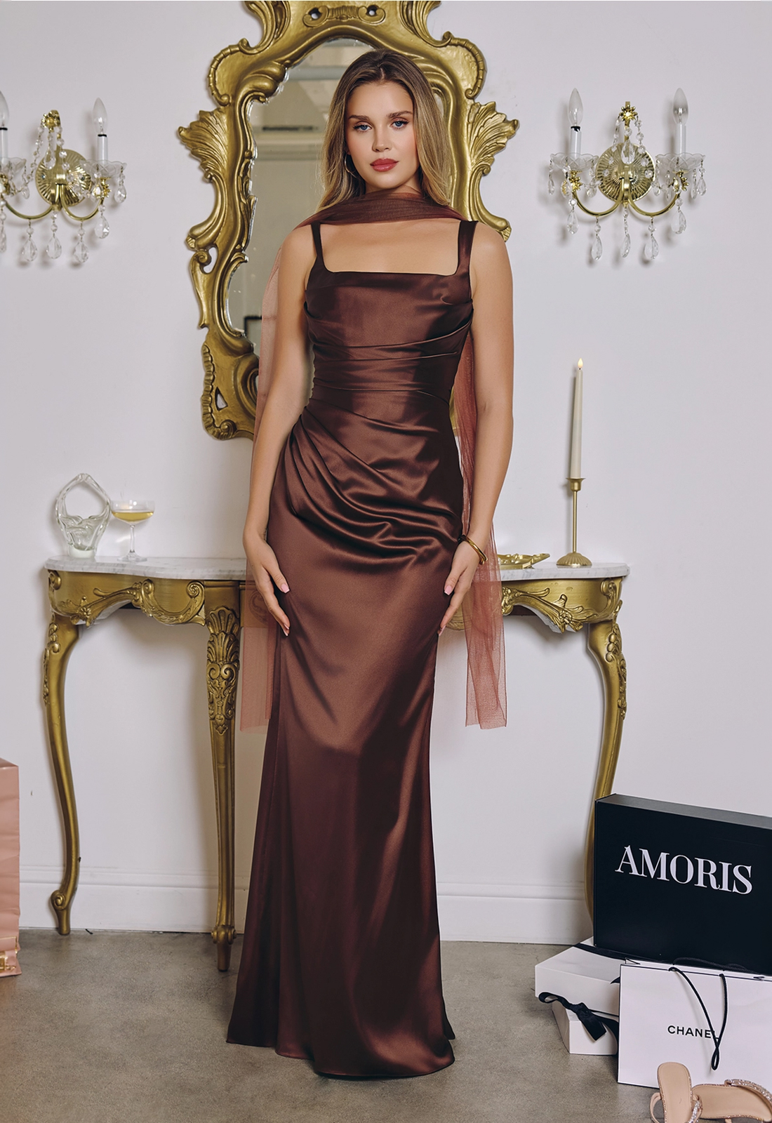 Discover the Gwenyth gown by Stella's Bridal, a youthfull mother of the bride or groom dress featuring silky satin and optional scarf. Shop at Stella’s Bridal in Westminster, MD.