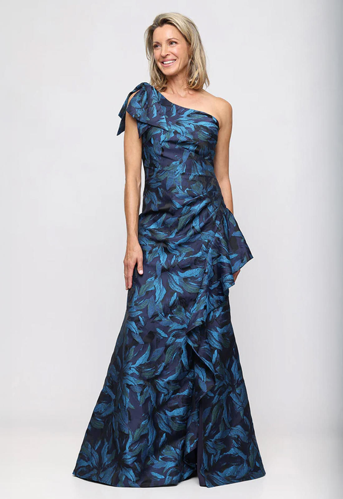Discover 8181308 by Alex Evenings, a one-shoulder mother of the bride or groom dress featuring brocade fabric. Shop at Stella’s Bridal in Westminster, MD.