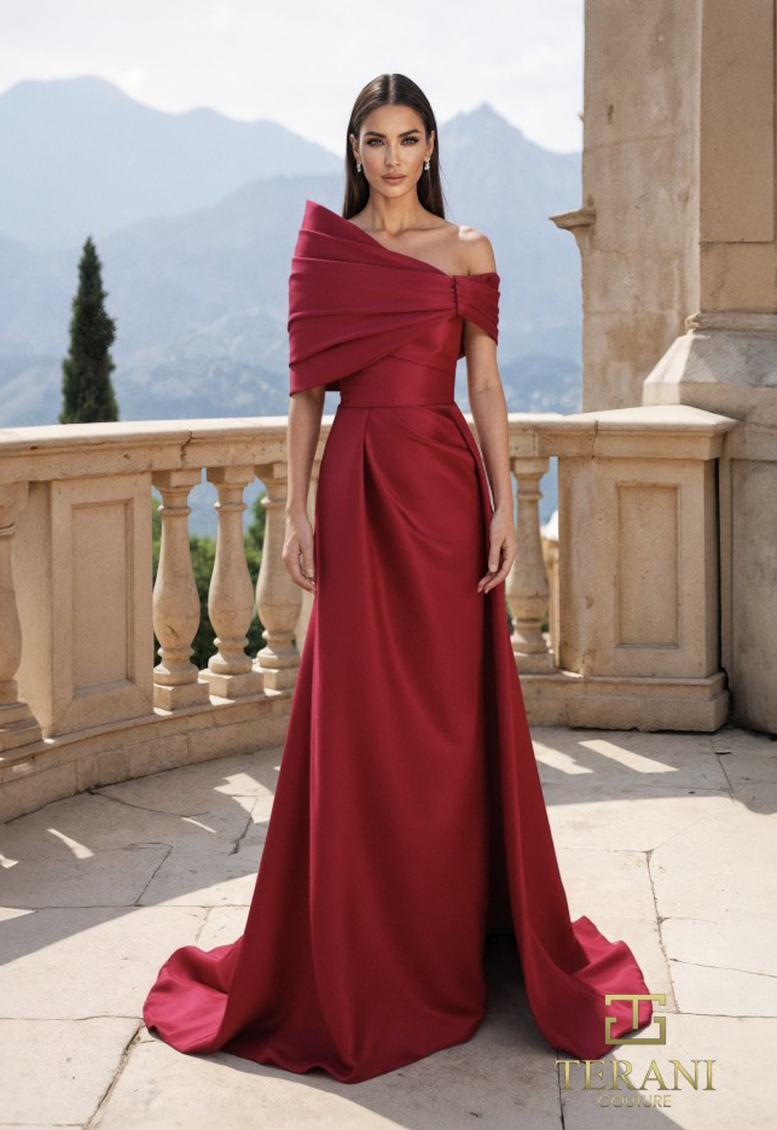 Discover 261M6415 by Terani Couture, an a-line mother of the bride or groom dress featuring statement draping. Shop at Stella’s Bridal in Westminster, MD.