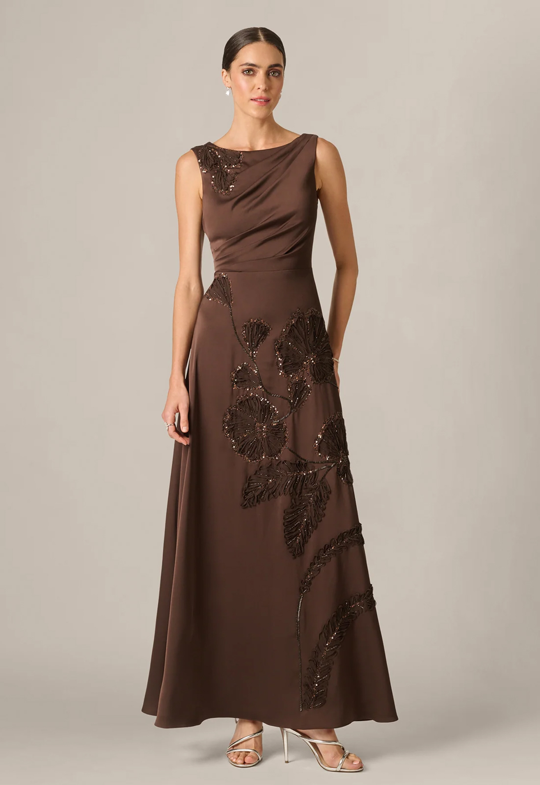 Aiden Mattox style MD1E210133 Brown beaded satin mother of the bride or groom dress available to try on at Love it at Stella's Bridal in Westminster Maryland