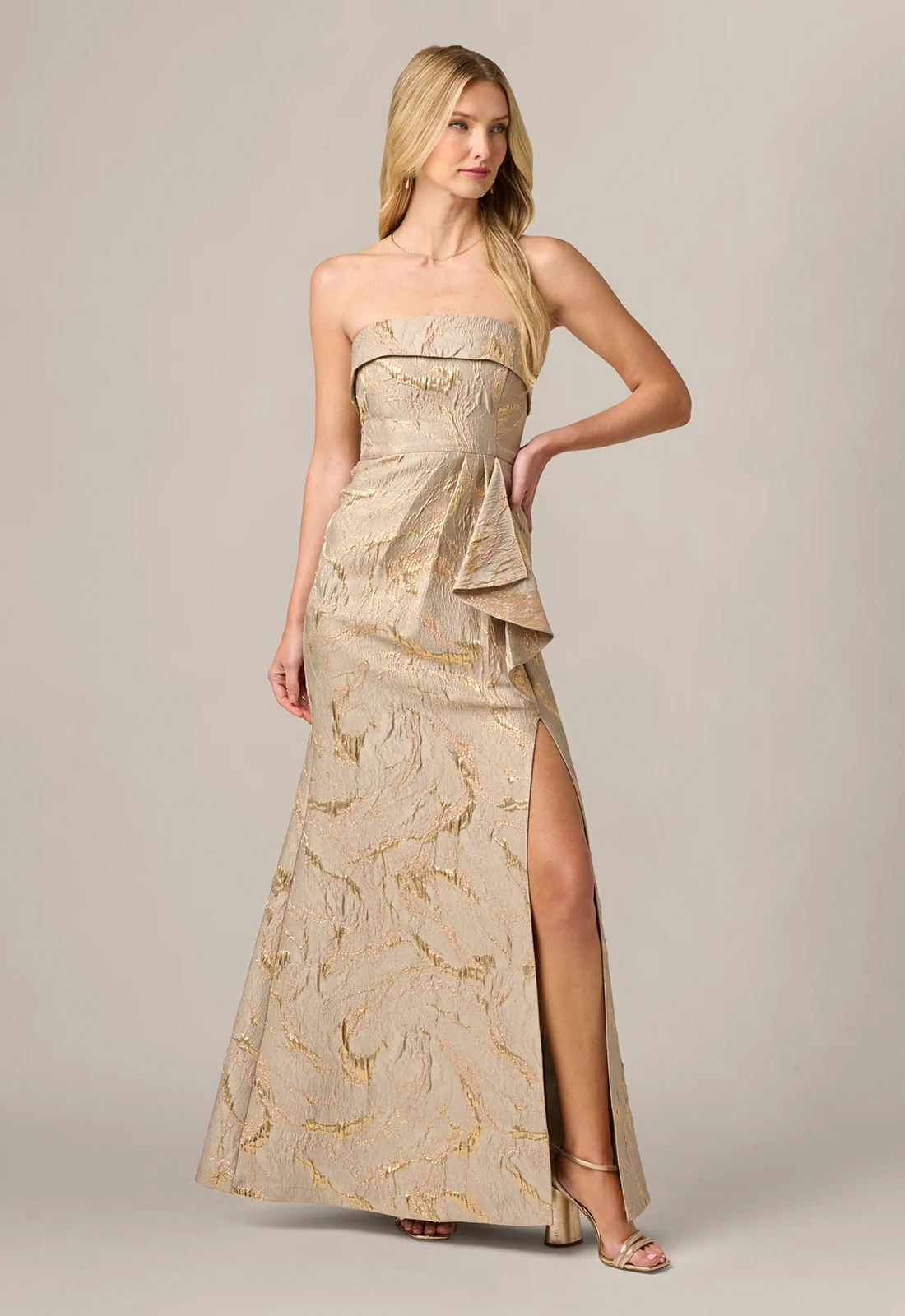 Discover AP1E213368 by Adrianna Papell, a fitted brocade mother of the bride or groom dress featuring a foldover neckline. Shop at Stella’s Bridal in Westminster, MD.
