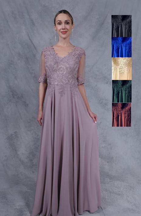 Discover Soctia by Magic Moms, a flowy chiffon mother of the bride or groom dress featuring long sleeves. Shop at Stella’s Bridal in Westminster, MD.