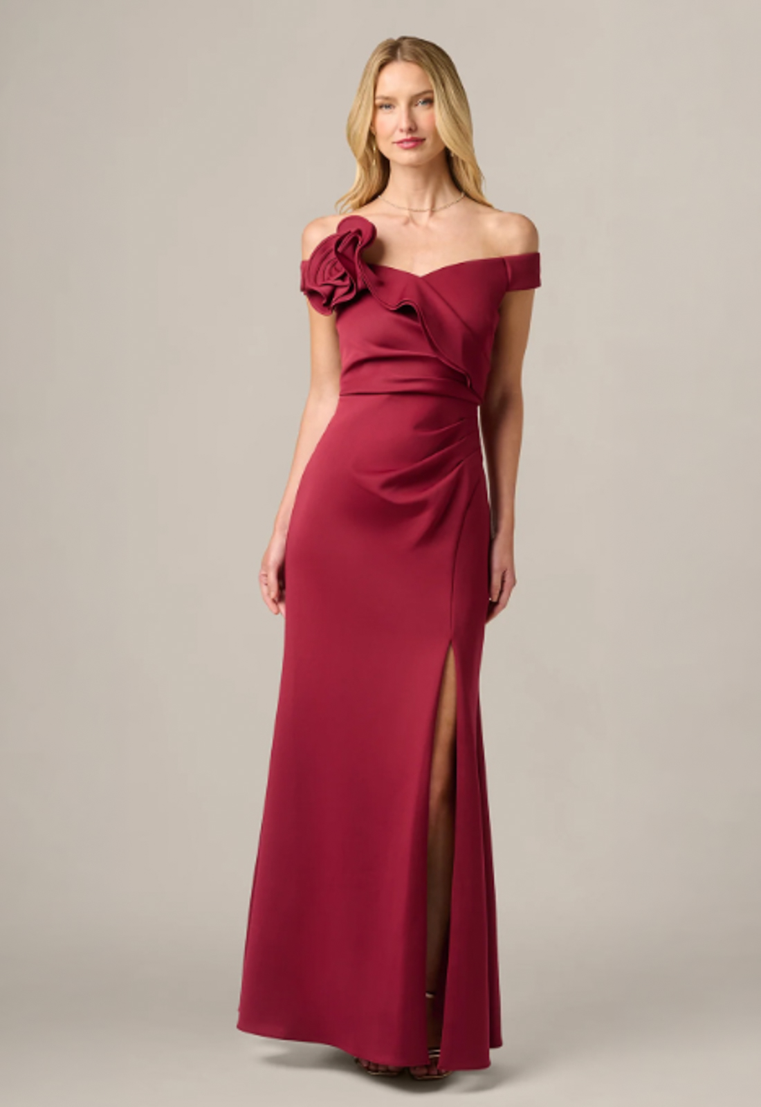 Discover AP1E213288 by Adrianna Papell, a fitted mother of the bride or groom dress featuring an off-the-shoulder neckline. Shop at Stella’s Bridal in Westminster, MD.