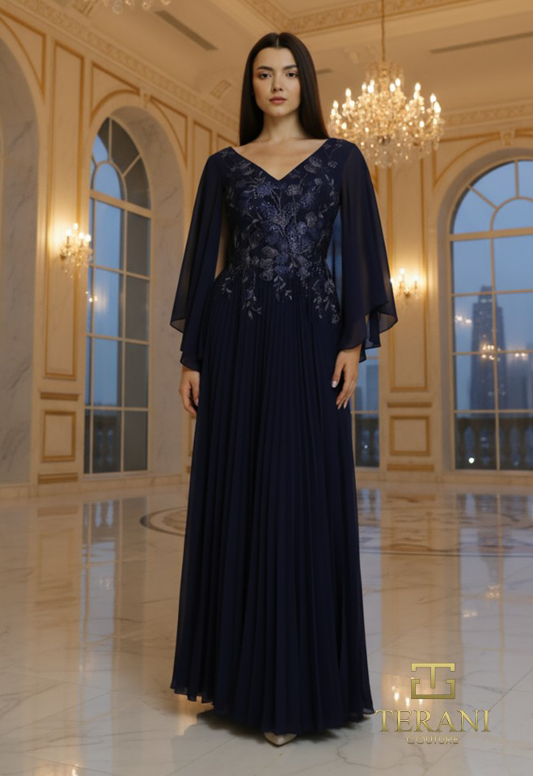 Discover M6681 by Terani Couture, a flowy mother of the bride or groom dress featuring long sleeves and floral beading. Shop at Stella’s Bridal in Westminster, MD.