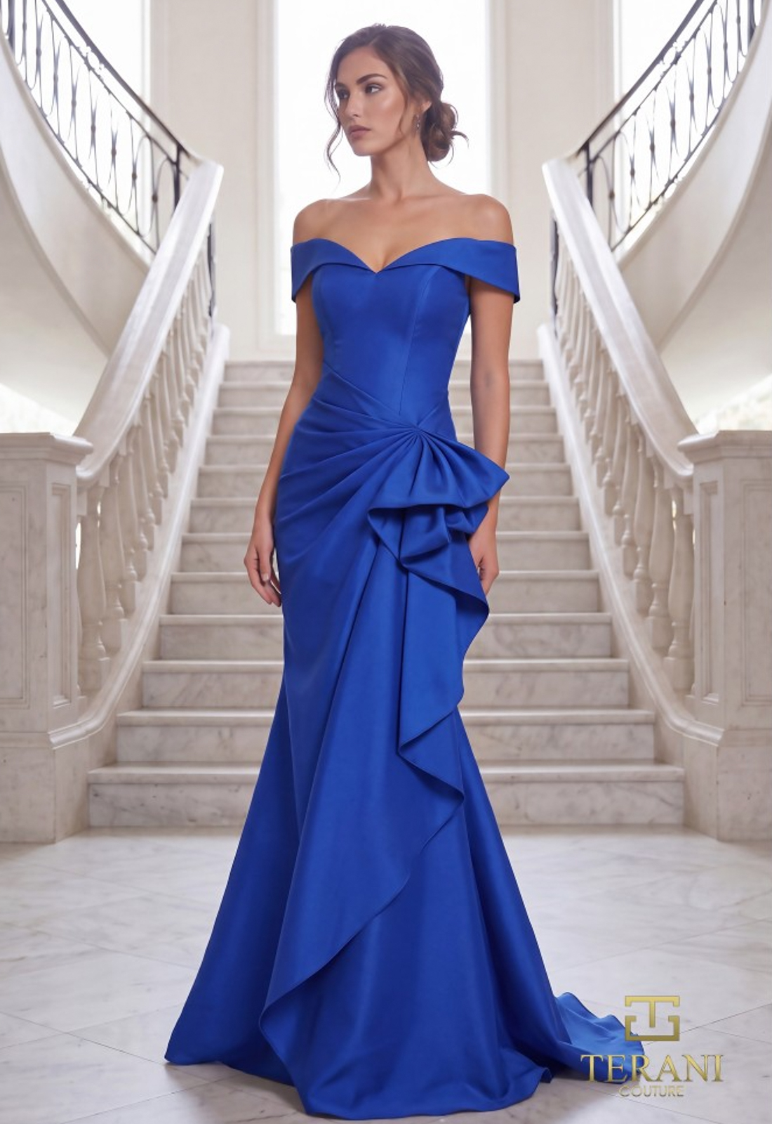 Discover 242M3335 by Terani Couture, a fitted mother of the bride or groom dress featuring ruched details. Shop at Stella’s Bridal in Westminster, MD.