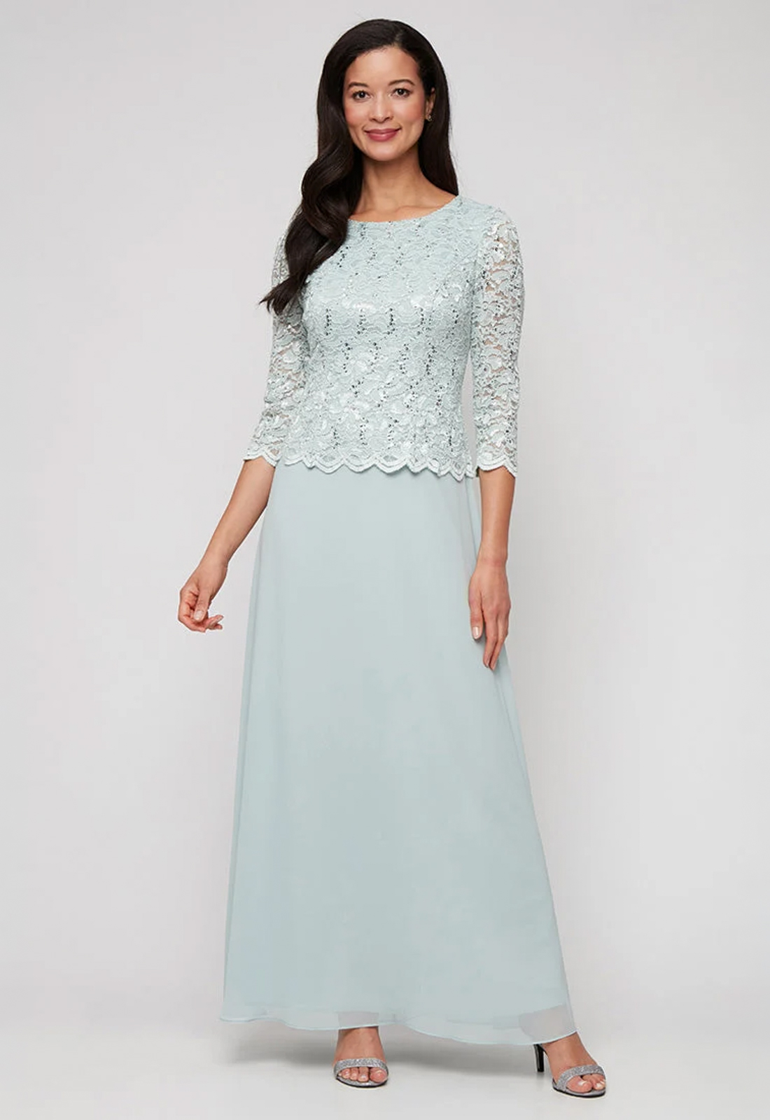 Discover 112655 by Alex Evenigns, a modest mother of the bride or groom dress featuring 3/4 length sleeves. Try it on at Stella’s Bridal in Westminster, MD.